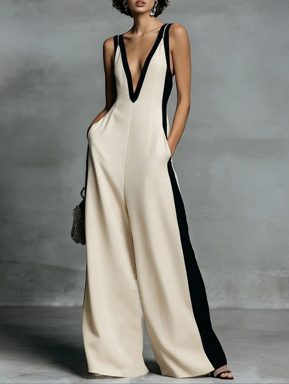 Women's Ivory V-Neck Wide-Leg Jumpsuit with Black Side Panels - Picture 7 of 9